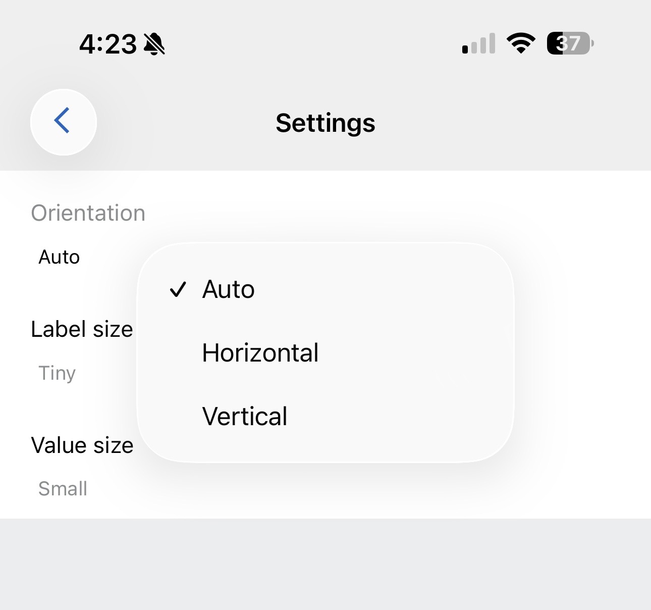 Orientation settings screenshot
