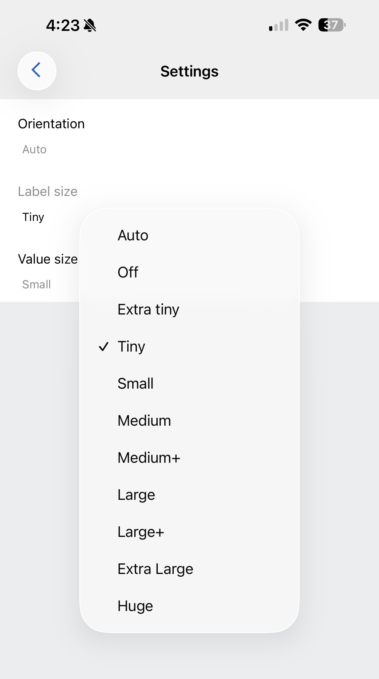 Font size settings screenshot